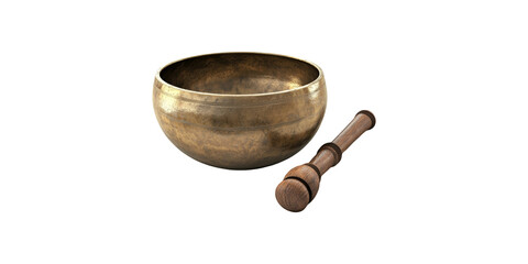 Tibetan Singing Bowl With Wooden Mallet. Meditation And Sound Healing Tool Isolated On Transparent Background