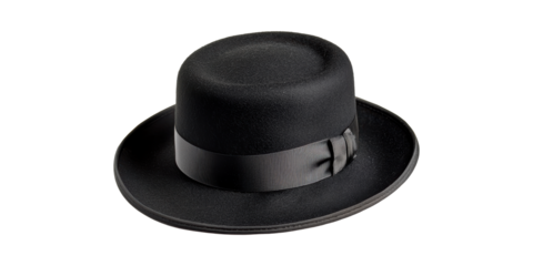 Black Bowler Hat With Ribbon. Classic Fashion Accessory For Formal Wear Isolated On Transparent Background