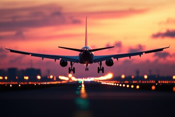 Airplane Landing at Sunset: Stunning Silhouette Against Vibrant Sky and Runway Lights