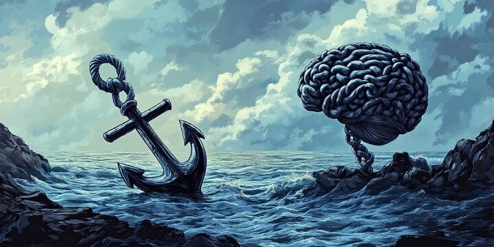 Anchor and brain by the sea, symbolizing grounding and intellect. A stormy sky reflects inner turmoil.