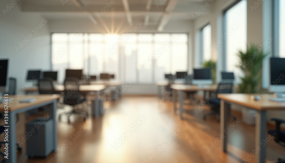 Poster blurred office interior with desks computers. background of modern workspace, business environment. 