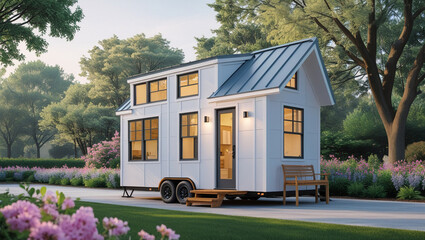A charming white tiny house nestled in a serene, blooming landscape, bathed in the warm glow of evening light.