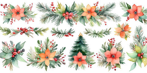 watercolo Poinsettias and Pine Branches wreath on white background, Set of rosemary and cranberries wreath and cliparts, Christmas flowers watercolor cliparts, Christmas wreath PNG image