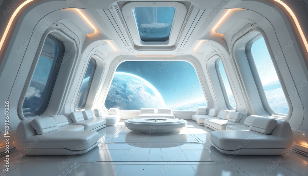 Poster futuristic spaceship interior with bright lighting and modern design. white cabin space with large w