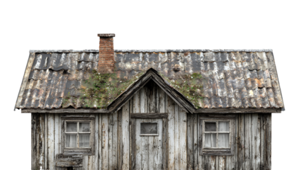 an old wooden building with moss on the roof on a transparent background, PNG image, PNG file, Generative art.