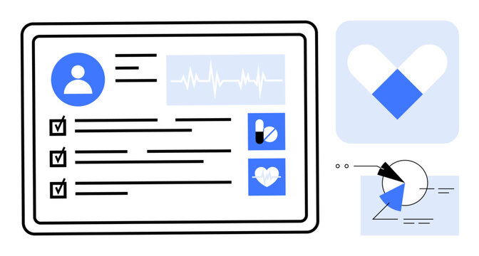 Digital profile with user data, checklist, vital sign graph, and medicine icons. Ideal for healthcare, medical apps, telemedicine, data analysis, patient management hospital systems flat simple