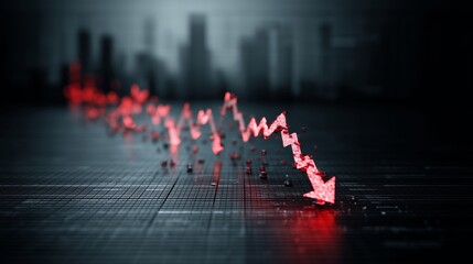 Fototapeta premium Red Stock Market Chart Crashing Across Grid Surface with City Skyline in Background, Representing Financial Crisis and Decline