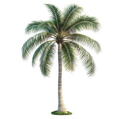 Obraz premium A majestic coconut palm tree standing tall against a bright, clear sky, showcasing its lush green fronds and textured trunk in a vibrant, tropical setting.