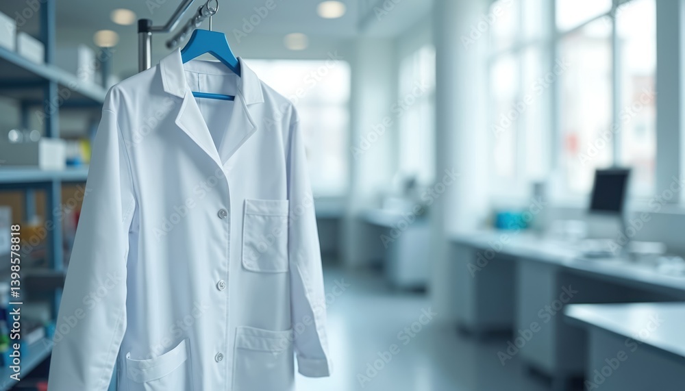 Poster clean white lab coat hangs modern research laboratory. bright, tidy setting, emphasizing science, he