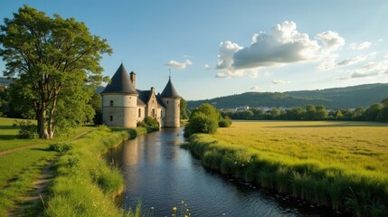 Obraz premium Les Orgues d'Ille-sur-Tet in France at midday with mild, sunny summer weather, viewed from a panoramic perspective.
