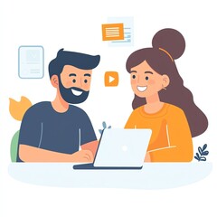 Fototapeta premium A cheerful couple collaborates on a laptop in a cozy workspace filled with plants. Ideal for illustrating teamwork and remote work concepts.