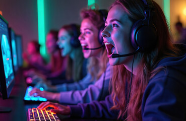 Young women team celebrate victory at computer club, shouting into monitors. Pro gamers in headphones experience joy. Cyber sport event with competitive atmosphere and neon lights in cyberspace.