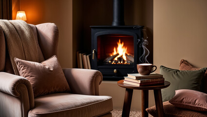 Cosiness fireplace fire flame burning stove home comfort armchair living room warm relax rest interior design