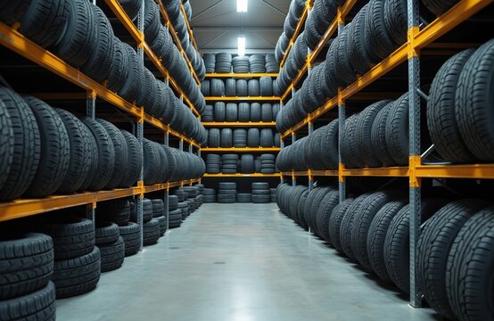 Tire warehouse filled with many new car tyres in stock. Auto repair shop, service center supply with rubber wheels, winter, summer tires. Transportation, automotive industry, auto industry background.