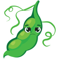 Sad green pea pod character with expressive eyes and droopy face Ideal for healthy eating projects, garden themes, plant-based visuals, and educational food content