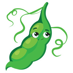 Cute green pea pod with sad face expression Ideal for educational materials, healthy food content, sticker packs, and children's products