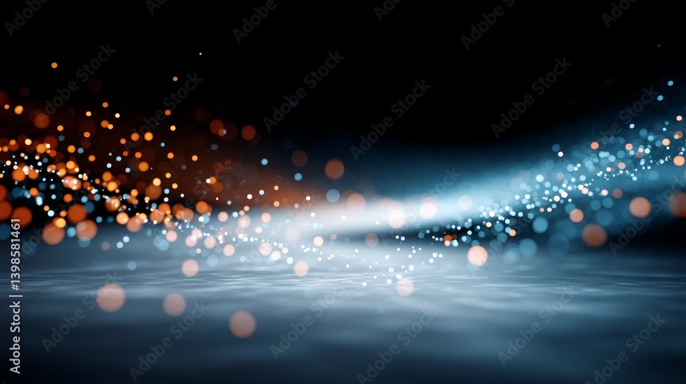 Aufkleber Neon particles dance and swirl in a dark void, some sharp and others blurred, crafting a mesmerizing sci-fi ambiance with ample copy space on the right