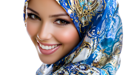 a beautiful young woman with a blue scarf on her face on a transparent background, PNG image, PNG file, Generative art.