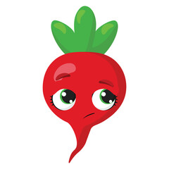 Obraz premium Cute red radish with a sad expression and green leaves Ideal for healthy eating designs, farm projects, organic food promotions, and children’s educational materials