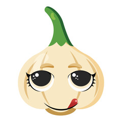 Playful garlic character with big shiny eyes and a mischievous tongue out expression Great for food packaging, cooking blogs, healthy lifestyle visuals, and fun recipe designs