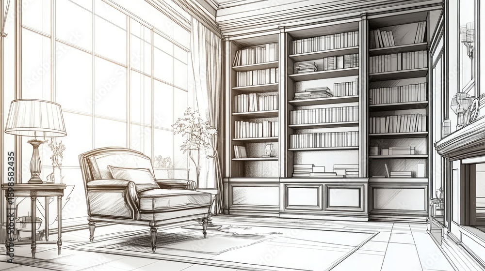 Poster sketch of an interior space featuring a bookshelf armchair and lamp rendered in a simple line art st