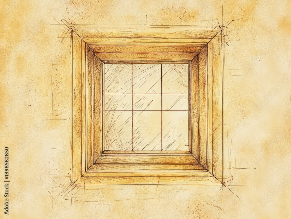 Poster abstract illustration of a square wooden window with a grid pattern against a textured tan backgroun