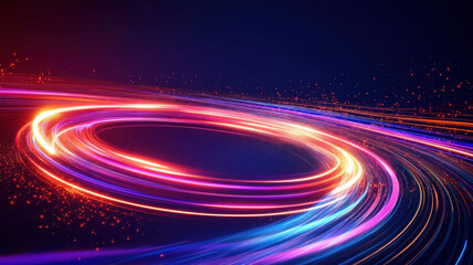 Obraz premium Colorful Neon Light Ring in Motion with Sparks on Dark Digital Futuristic Background
