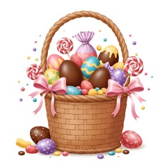 colorful easter basket full of candy eggs, sweets and decorative ribbons isolated on white background