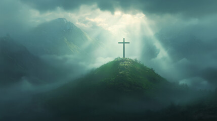 Obraz premium Cross On Hill With Divine Light