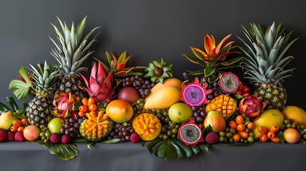 A colorful assortment of fresh tropical fruits, including mangoes, dragon fruit, pineapples, and passion fruit, arranged beautifully
