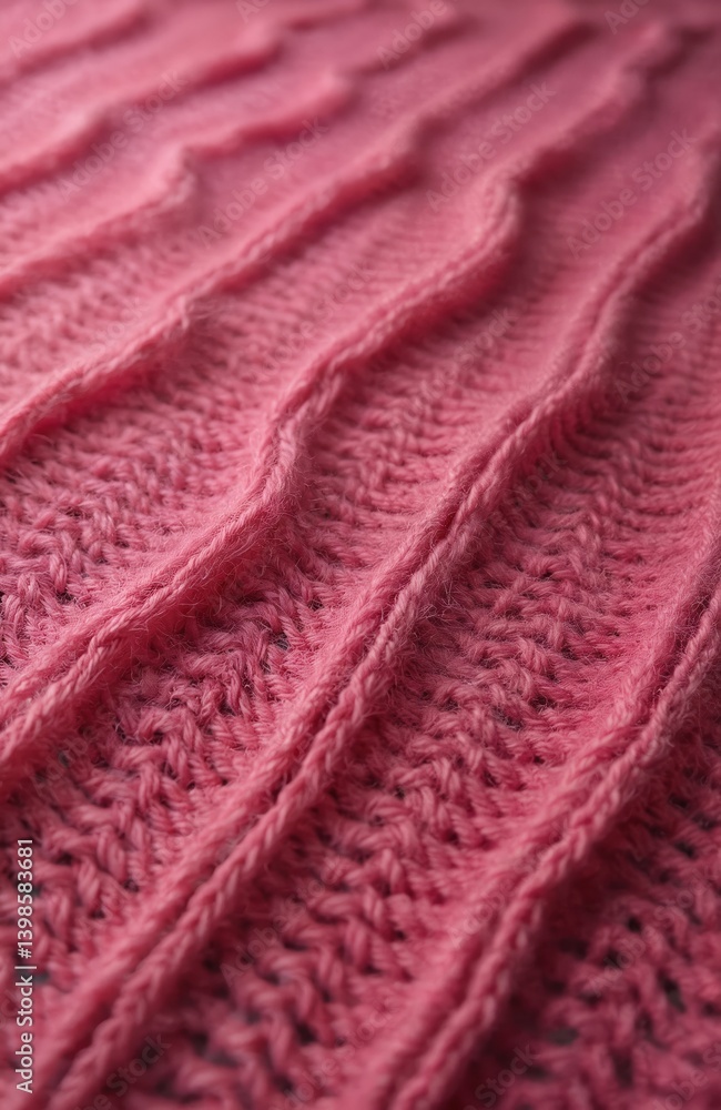 Poster close-up of pink hand-knitted wool fabric with smooth symmetrical lines. textured pattern creates so