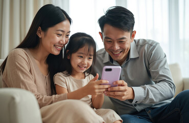 Asian family enjoys smartphone together at home. Parents, daughter look at screen smiling. Father, mother, girl using tech indoors. Tech, love, relationship, fun, modern lifestyle.