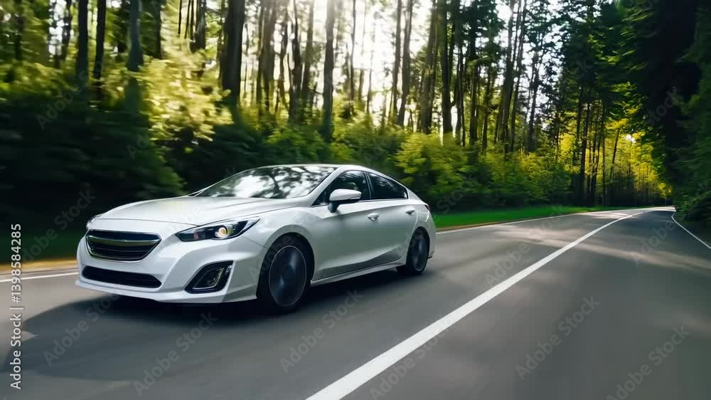 Poster dynamic video of a sleek car driving through a forest. low-angle shot emphasizes speed and motion, w