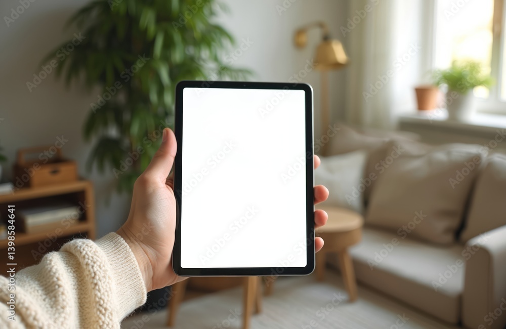 Fototapete Close-up of person holding modern tablet device blank white screen. Digital gadget mockup for app, website presentation. Using tablet at home. Empty display for advertisement.
