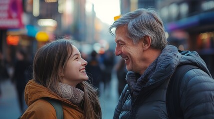Naklejka premium Father and teenage daughter share joyful moment in busy city