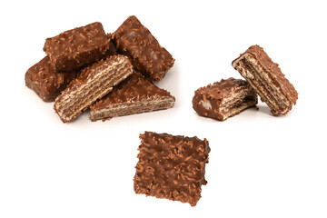 Chocolate coconut wafer bar isolated on white background.