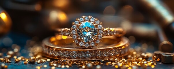 A close-up of elegant gold rings featuring sparkling diamonds, set against a blurred background of jewelry-making tools and fine materials.
