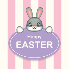 Cute Easter rabbit with a violet board for text. Easter bunny. Symbol of Easter. Vector children's illustration.
