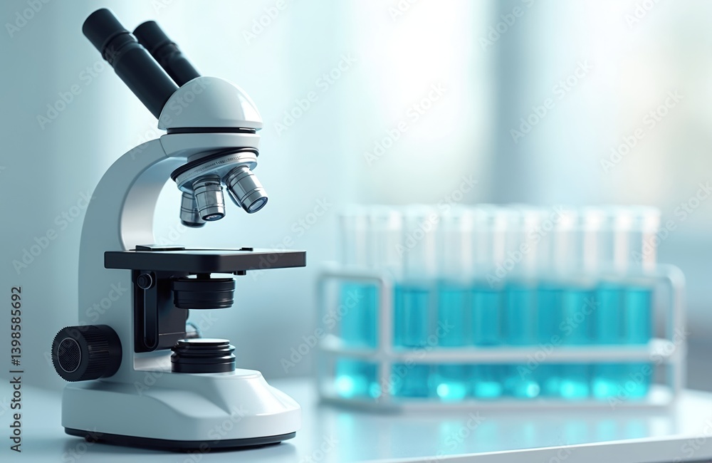 Poster 3d rendering microscope illustration. medical research lab equipment with test tubes. biology scienc