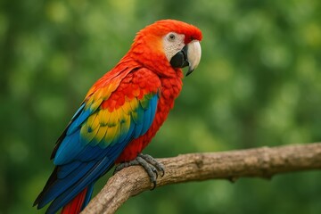 Vibrant Scarlet Macaw Perched on a Branch in Lush Green Surroundings During Daytime