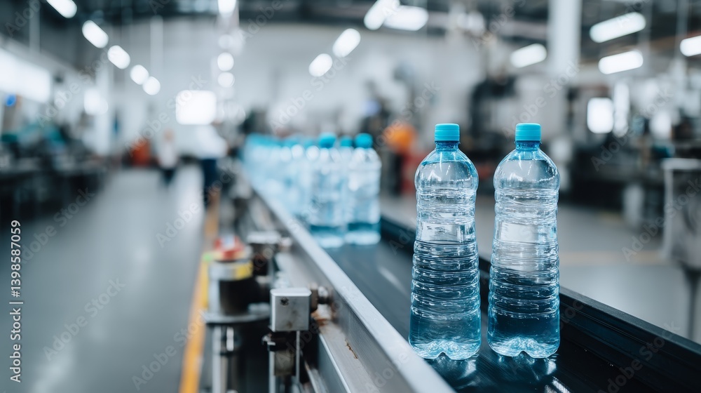Aufkleber Plastic bottles travel in uniform rows on a conveyor, showcasing efficient production in a clean factory space with machinery in the background