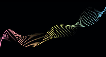 Futuristic geometric shapes neon halftone wavy lines in abstract composition. Vector illustration of gradient curved stripes. Modern design for digital art, web banners, covers.