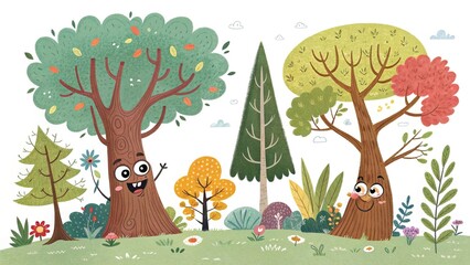 Cartoon illustration of happy trees in a forest landscape
