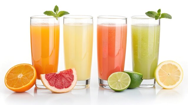 Variety of fresh citrus juices in glasses with fruit