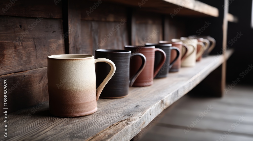 Poster handcrafted ceramic cups are neatly arranged on rustic wooden shelving, with soft daylight highlight