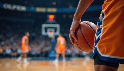 Basketball player holds ball on court, close-up shot. Athletic game action at sports arena, fans in stands. Pro basketball player, team play, hoop, match.
