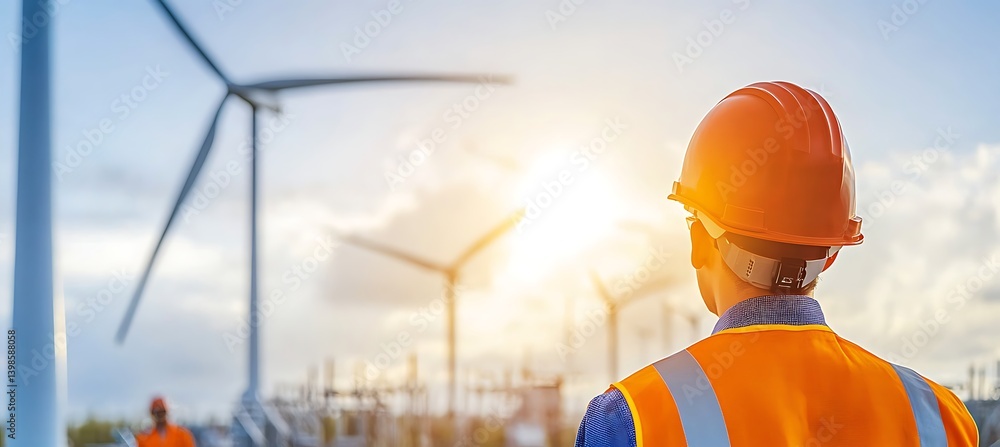 Poster a beautiful wide view of windmills at a wind power station working to create clean electricity in a 