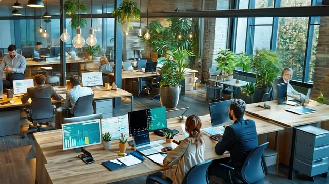 Modern Office: A vibrant and inviting co-working office space, filled with natural light, lush greenery, and productive individuals collaborating on their respective tasks.