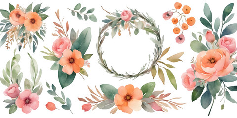 watercolor hibiscus flower clipart on white background, watercolor hibiscus wreath clipart PNG, flowers clipart, summer flowers watercolor illustrations, Hibicus flower PNG image