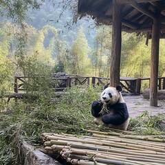 Obraz premium Giant panda with bamboo plants around high resolution picture